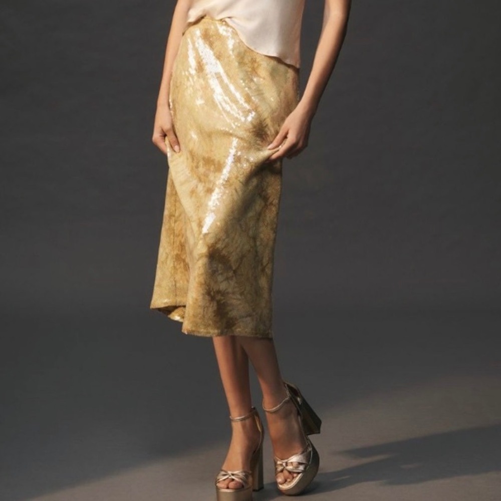 Anthropologie Tilda Sequin Slip Midi Skirt Women Small Gold Tie Dye Sparkle